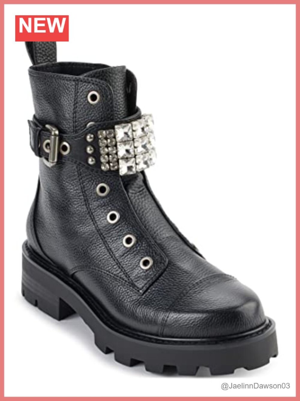 Lug-Sole Maeva Combat Boot Leather Crystal Detail Ankle Bootie